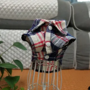 Detailed view of red and white plaid dog shirt, featuring neat collar and buttons design.