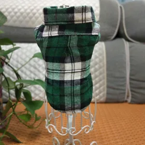 Green plaid dog shirt detailed view, classic pattern pet apparel for small medium dogs.