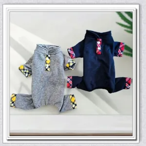 Detailed close-up shot of warm pet four-legged clothes, thick dog jumpsuit with stylish plaid.