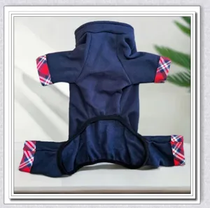 Detailed view of the dark blue pet four-leg clothes with red plaid cuffs for small dogs.