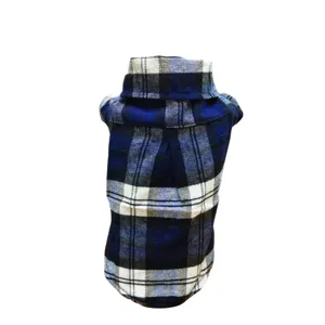 Detailed view of blue and white plaid pet shirt, comfortable dog apparel for small dogs