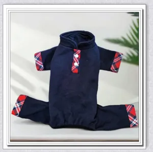 Thickened warm pet four-leg jumpsuit, dark blue with red plaid details and snap buttons.