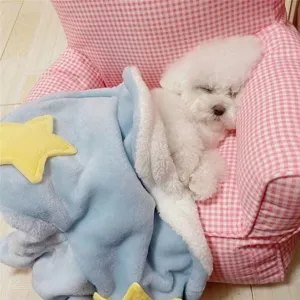 Cozy plush pet blanket with cute star design, soft warm fleece for small dogs and cats winter.
