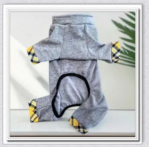 Grey pet four-legged dog clothes with yellow plaid cuffs, warm fleece apparel for small pets.