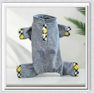 Detailed view of grey pet four-legged clothes with yellow plaid cuffs for small dogs warm.