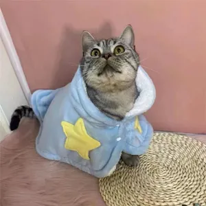 Cute winter warm pet cloak pajama with yellow star fleece cat dog apparel costume outfit
