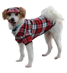 Cute pet dog red black plaid shirt with matching hat set for small medium dogs main view