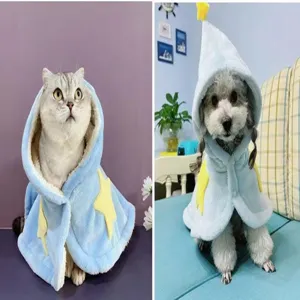 Cute winter pet cloak for cats and dogs, warm blue hooded costume with yellow star design.