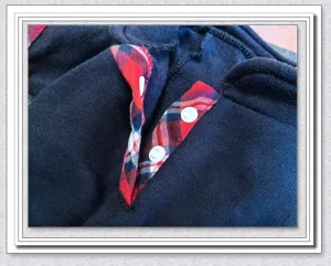 Detailed close-up of pet dog winter fleece warm cardigan collar, thick thermal puppy clothes.