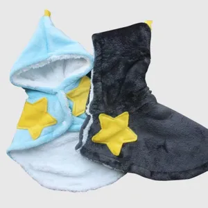 Detail view of soft plush pet cloak with cute yellow star applique for cats and dogs warmth.