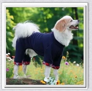 Detailed view of a cute small dog wearing warm thick dark blue four-legged pet jumpsuit.