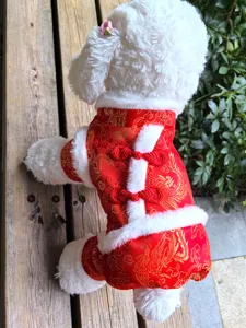 Mooi festieve honden Tang pak winter huisdierkleding met rode brokaat en pluche trim.