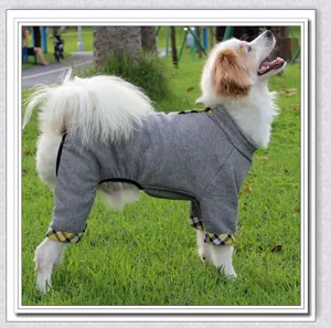 Thickened warm four-legged dog clothes grey pet apparel with plaid cuffs for small dogs.