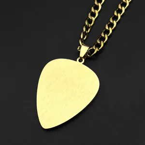 Stainless steel gold guitar pick pendant necklace close-up, stylish music jewelry for men and women.