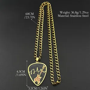 Stainless Steel Guitar Pick Pendant Necklace Chain Music Note Mens Jewelry Gift 60cm