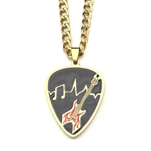 Stainless steel guitar pick pendant necklace detail view, featuring black enamel and music graphic.