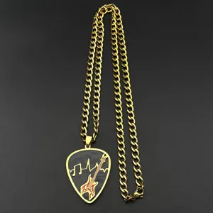 Stainless steel guitar pick necklace with music note detail, gold chain pendant jewelry.