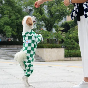 Cozy green white checkered pet four-leg jumpsuit, warm fleece dog clothes for small dogs.