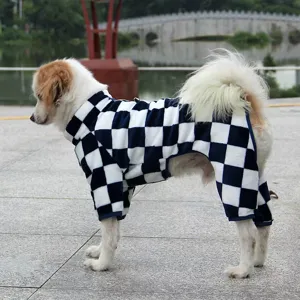 Warm pet jumpsuit for small dogs, blue and white checkerboard fleece winter dog clothes.