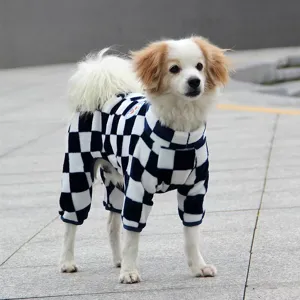 Warm fleece pet jumpsuit with blue and white checkerboard pattern for small dogs and puppies.