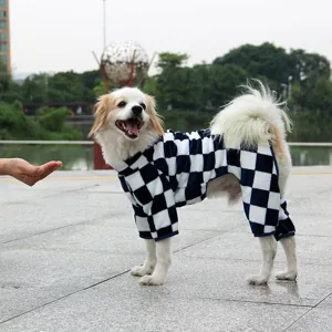 Dog fleece four legged clothes winter warm blue white checkerboard pet jumpsuit coat small.