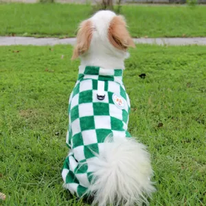 Green white checkered fleece dog pajamas, warm four leg pet clothes for small dogs autumn winter.