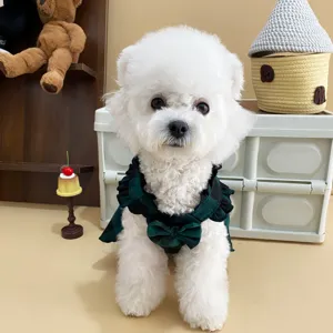 Dettaglio di abito carino a quadri verdi per animali, colletto con volant e fiocco per cani.