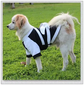 Détail de costume de samurai pour animal montrant le vêtement noir et blanc sur herbe.