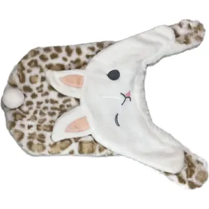 Plush rabbit head detail and soft leopard print fabric of the cute pet dog costume.