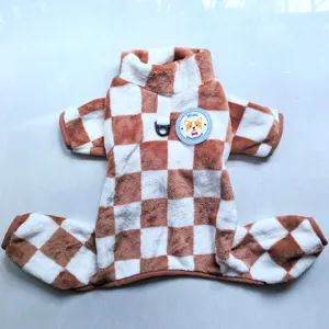 Cozy brown white checkerboard fleece pet dog four-leg warm jumpsuit clothes with leash ring.