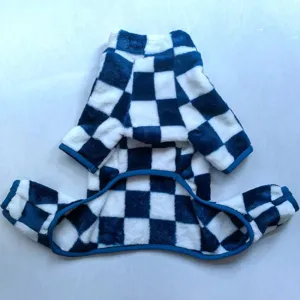 Blue and white checkerboard pet fleece four-legged clothing detail view for small dogs.