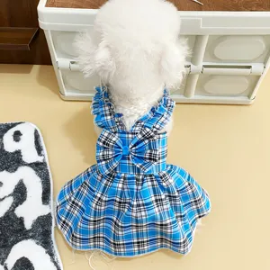 Carino vestito per cani a quadri blu con fiocco principessa cucciolo abbigliamento per cani