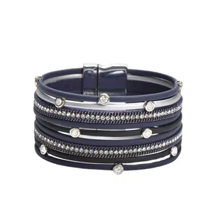 Bracelet Multicouche en Cuir PU Strass Fermoir Aimanté Bijou de Mode Géométrique Empilable pour Femmes