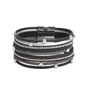 Bracelet multicouche en cuir PU strass fermoir aimanté, bijou géométrique superposé