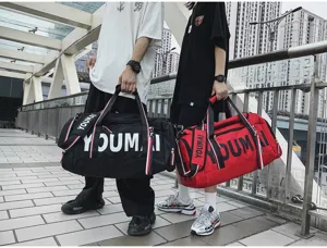 Detail view of large capacity travel duffel bag, perfect for gym, sports and short trips.
