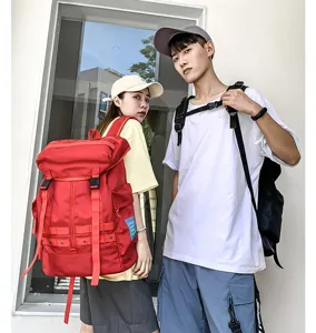Street fashion large capacity backpack detail shot, perfect for college students and outdoor travel.