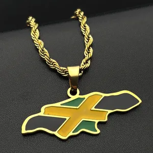 Golden stainless steel rope chain necklace featuring a detailed Jamaica map pendant design.