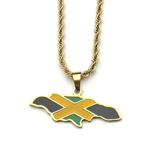 Stainless steel gold rope chain necklace with Jamaica map enamel pendant detail view.