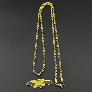 Gold stainless steel Jamaica map pendant rope chain necklace for men and women couple jewelry.