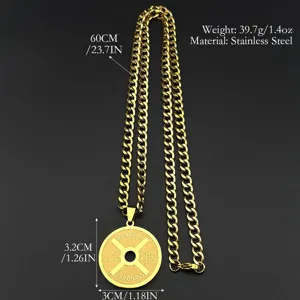 Goldene Edelstahl Hantelscheibe Anhänger Halskette für Herren, Fitness Hip-Hop Schmuck.