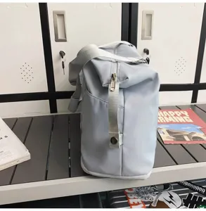 Light blue travel duffel bag, casual fitness sports gym bag, detailed close-up view.