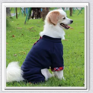 Cute dog four-leg warm jumpsuit in deep blue plush with plaid details for small dogs detail view