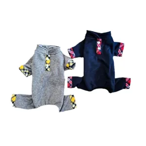 Thickened warm fleece four-leg dog clothes pet jumpsuit with plaid trim in grey and navy blue.