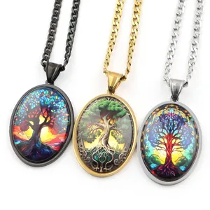 Stainless Steel Tree Of Life Necklace Vintage Oval Glass Cabochon Pendant Chain Necklace For Men Women Jewelry Gift