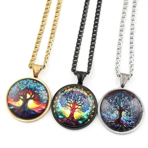 Collier Pendentif Arbre de Vie en Acier Inoxydable Pierre Temporelle Bijou d'Art en Verre Rond Cadeau Pour Hommes Femmes