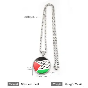 Collier pendentif en verre drapeau Palestine en acier inoxydable avec chaîne 60cm et détails.