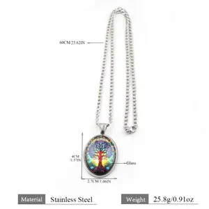 Stainless steel tree of life glass pendant necklace with chain and detailed size specs.