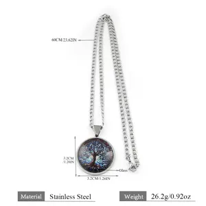 Collier pendentif arbre de vie en acier inoxydable avec dôme en verre, chaîne de 60 cm, bijoux