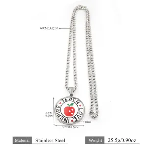 Détail de collier en acier inoxydable avec pendentif pomme enseignant et dimensions.