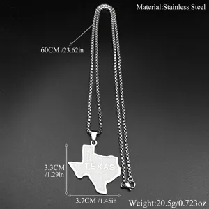 Collier pendentif carte du Texas en acier inoxydable style hip-hop avec détails de taille